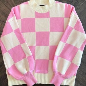 Stylish Pink and Cream Checkered Sweater